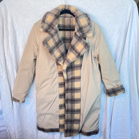 Kendall + Kylie Faux Fur Plaid Teddy Coat L - Picture 5 of 13